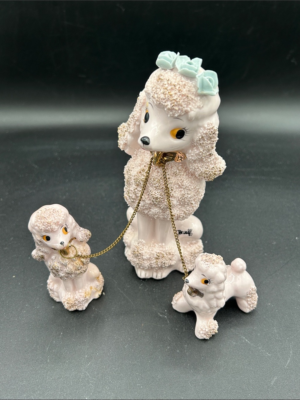 Vintage Pink Spaghetti Poodle Dog Figurine Set with Blue Bow and Puppies, Japan